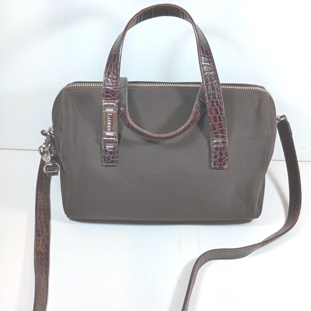 Lauren Ralph Lauren Satchel Bag Brown Nylon Croc Leather Trim Crossbody Purse